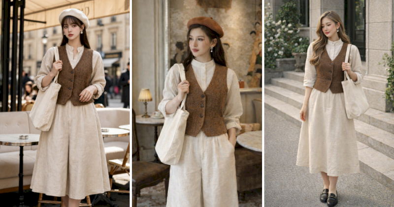 Sơ mi linen mix cùng gile và chân váy midi hoặc quần đũi mang vẻ hoài cổ